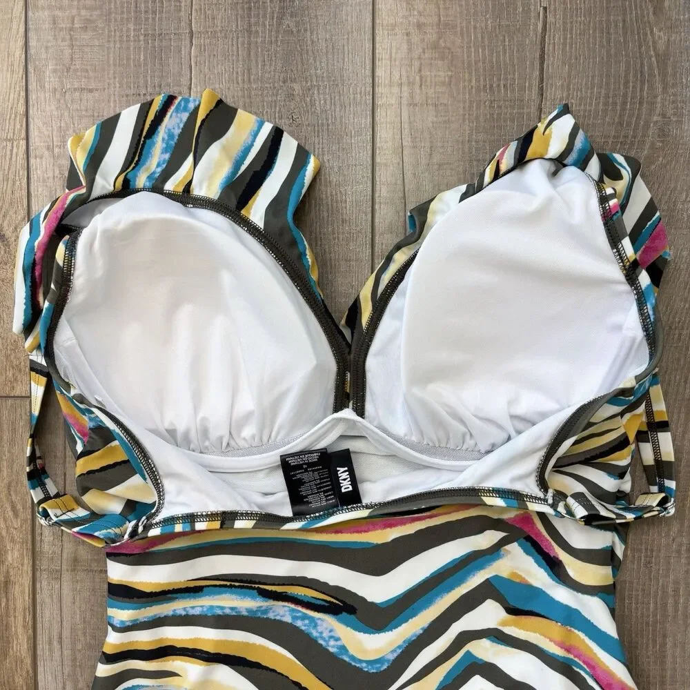 DKNY Women Ruffle One Piece Swimsuit Size 12 Colorful Ruched Tummy Control Artsy - Picture 8 of 16